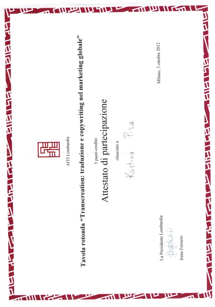 Tavola rotonda “Transcreation: traduzione e copywriting nel marketing globale”, Milano 2012